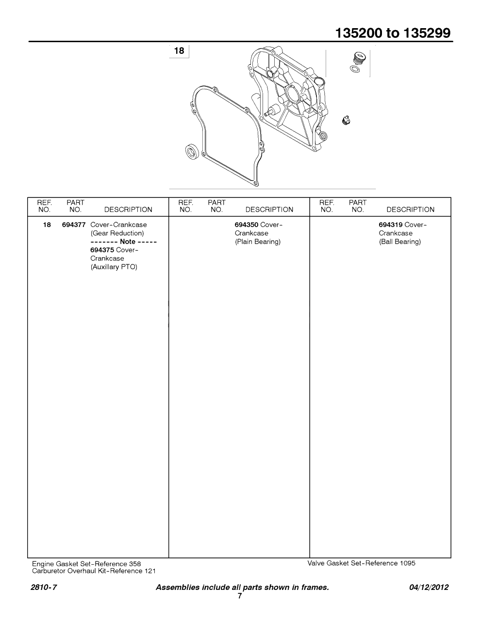 Crankcase Cover/Sump Diagram and Parts List for 135207-0325-XX  Briggs and Stratton Engine